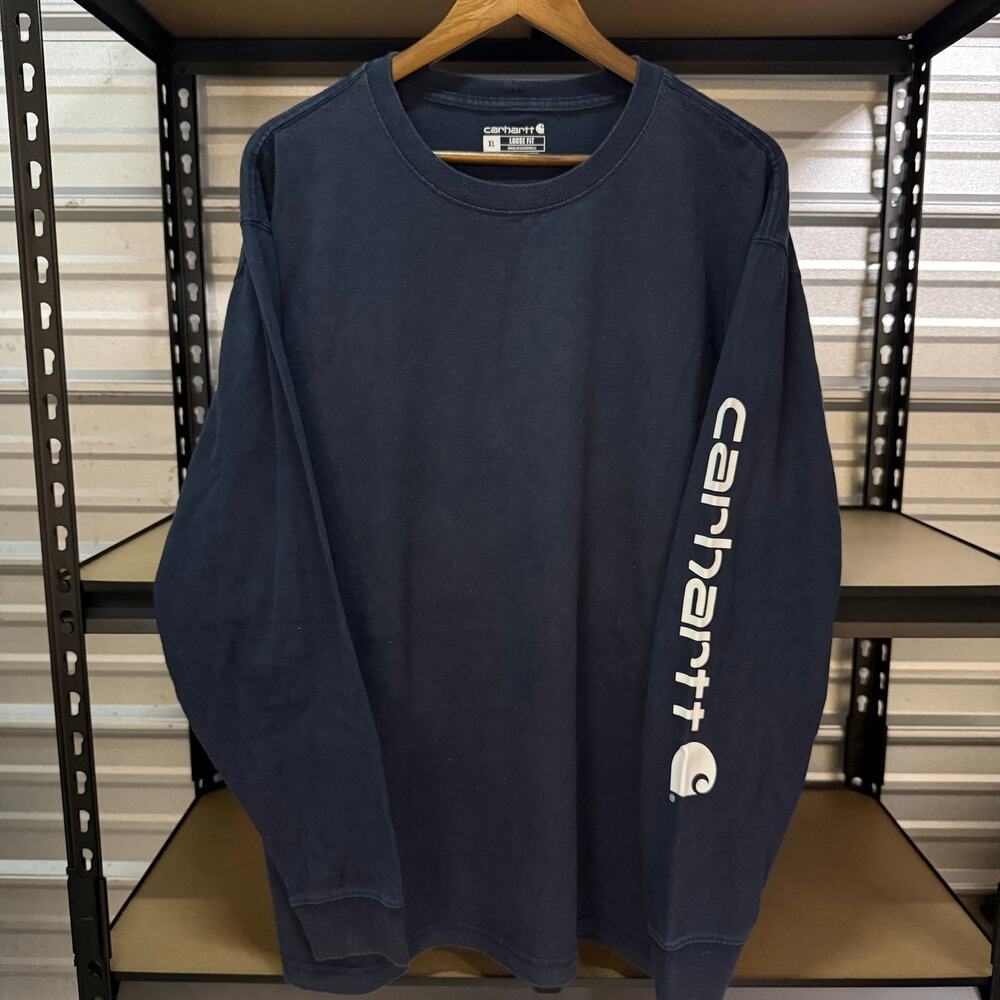 Carhartt Loose Fit Long Sleeve Logo Tee Navy Blue Workwear Mens XL